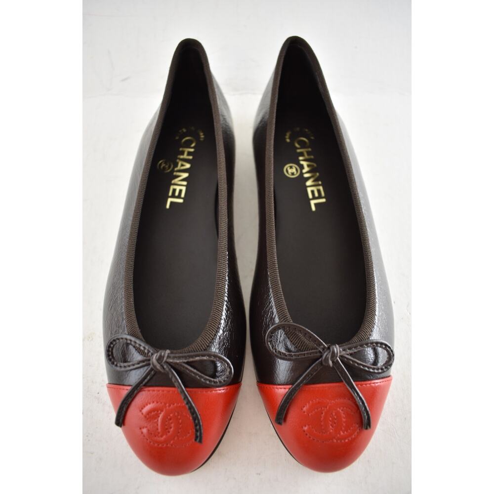 Chanel 26S Dark Brown Red Leather CC Logo Cap Classic Ballet Ballerina Flat 38.5 - Picture 14 of 16